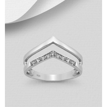Srebrni prstan -  "V" linija, okrašen s cirkoniji